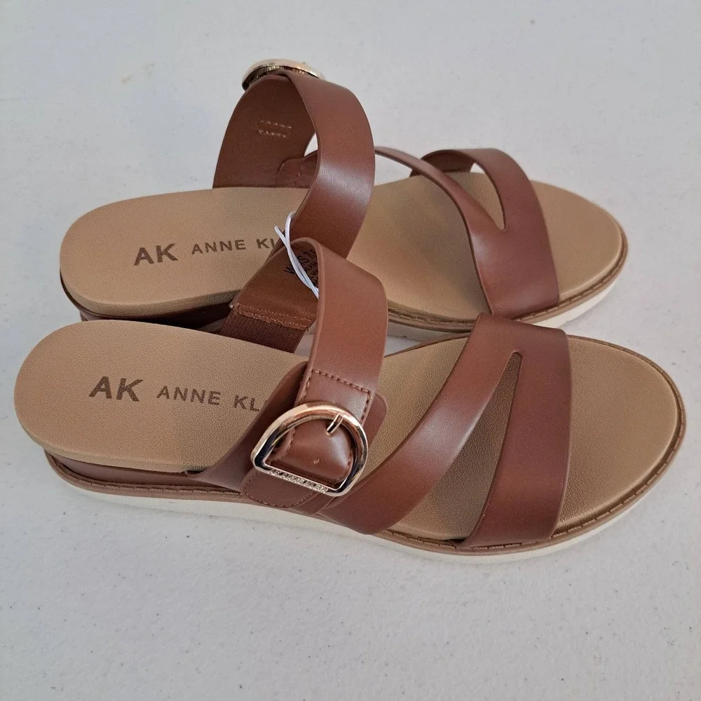 Anne Klein iFlex Wedge Sandals Womens 7.5 Cognac New Buckle Strappy 1247-630